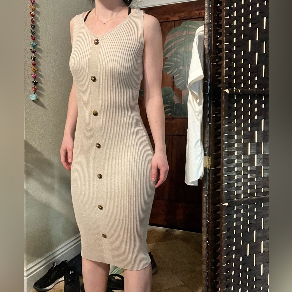 Cream Beige Sleeveless Ribbed Sweater Dress